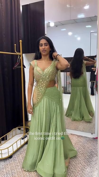 Heavy Chinon Silk Ready to Wear Lehenga with Embroidery Sequin Butta, Attached Net Pallu & Stitched Blouse