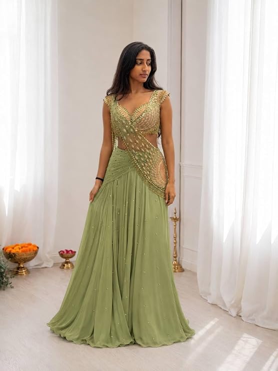 Heavy Chinon Silk Ready to Wear Lehenga with Embroidery Sequin Butta, Attached Net Pallu & Stitched Blouse