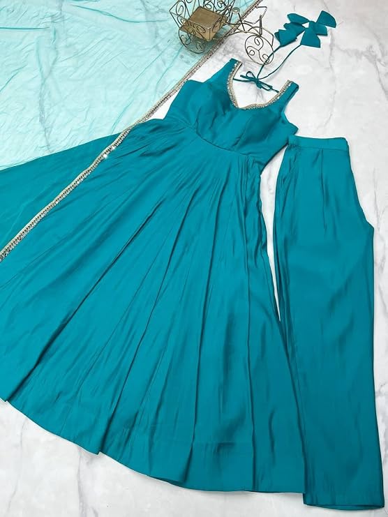 Womens Roman Silk Chanderi Anarkali Kurta Set with Nylon Net Dupatta and Stitched Pant Traditional Ethnic Wear