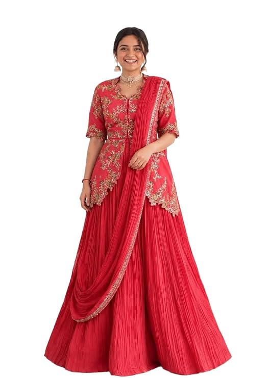Women’s Designer Chinon Lehenga Set with Embroidery Sequin Work Jacket, 4 Meter Flare, Full Stitched Lehenga and Embroidered Dupatta