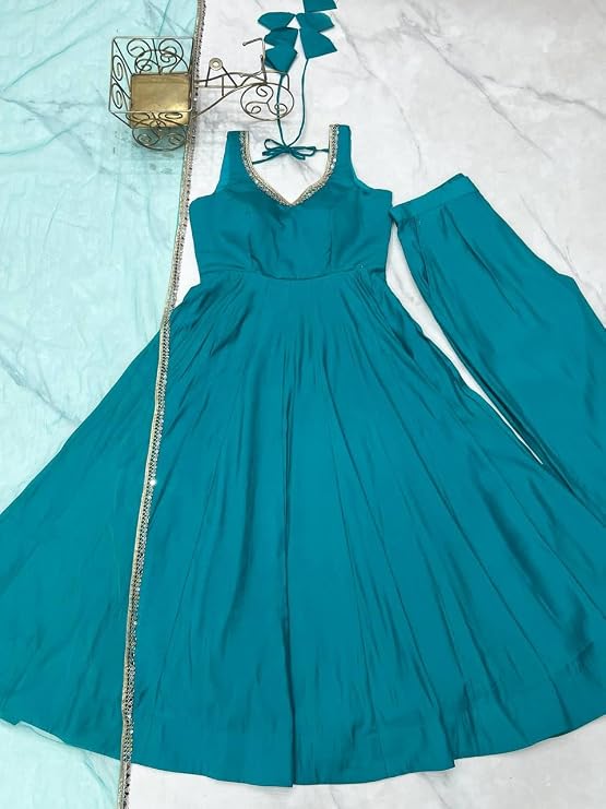 Womens Roman Silk Chanderi Anarkali Kurta Set with Nylon Net Dupatta and Stitched Pant Traditional Ethnic Wear