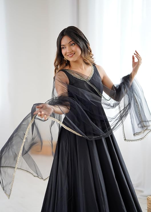 Womens Roman Silk Chanderi Anarkali Kurta Set with Nylon Net Dupatta and Stitched Pant Traditional Ethnic Wear