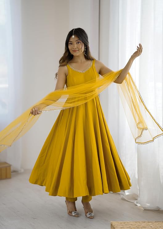 Womens Roman Silk Chanderi Anarkali Kurta Set with Nylon Net Dupatta and Stitched Pant Traditional Ethnic Wear