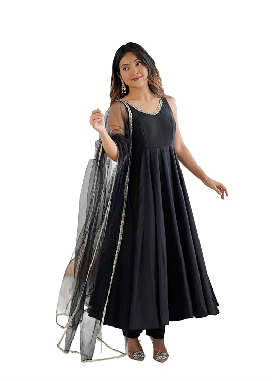 Womens Roman Silk Chanderi Anarkali Kurta Set with Nylon Net Dupatta and Stitched Pant Traditional Ethnic Wear