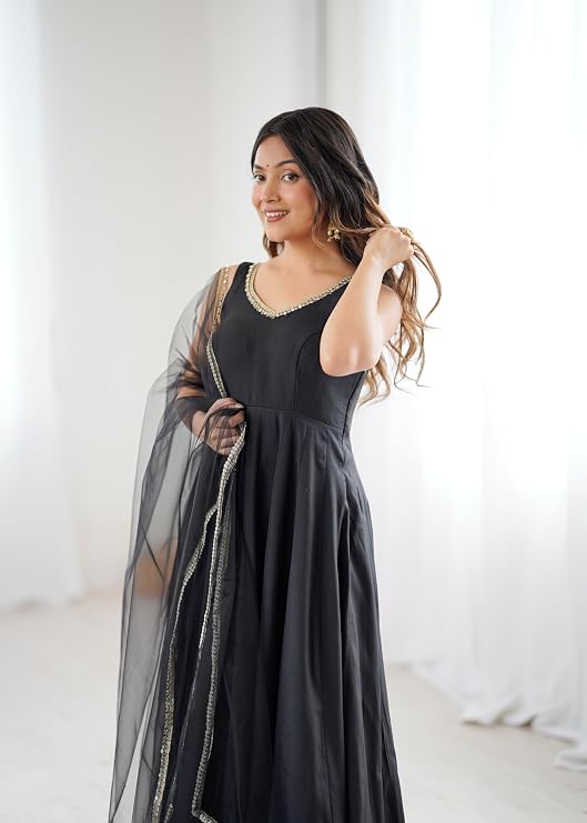 Womens Roman Silk Chanderi Anarkali Kurta Set with Nylon Net Dupatta and Stitched Pant Traditional Ethnic Wear
