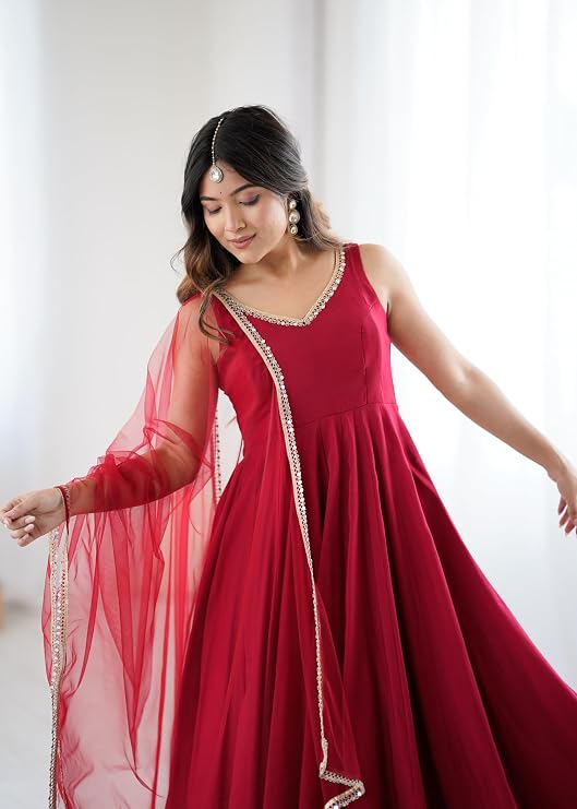 Womens Roman Silk Chanderi Anarkali Kurta Set with Nylon Net Dupatta and Stitched Pant Traditional Ethnic Wear