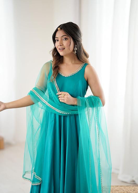 Womens Roman Silk Chanderi Anarkali Kurta Set with Nylon Net Dupatta and Stitched Pant Traditional Ethnic Wear