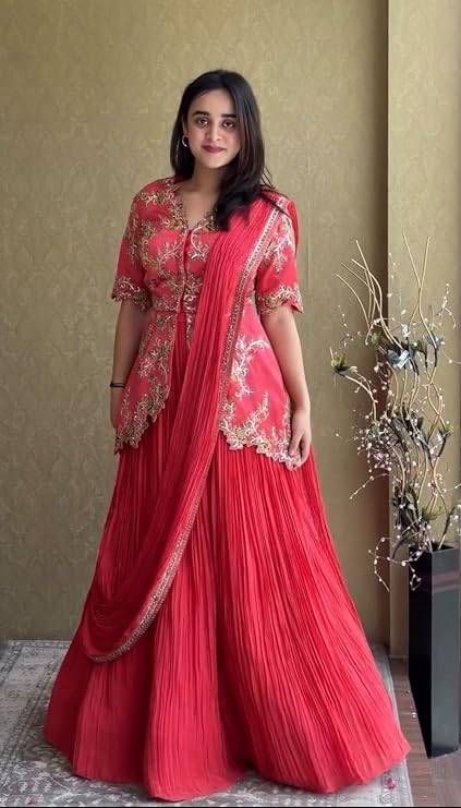 Women’s Designer Chinon Lehenga Set with Embroidery Sequin Work Jacket, 4 Meter Flare, Full Stitched Lehenga and Embroidered Dupatta