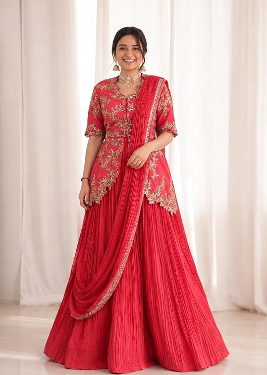 Women’s Designer Chinon Lehenga Set with Embroidery Sequin Work Jacket, 4 Meter Flare, Full Stitched Lehenga and Embroidered Dupatta