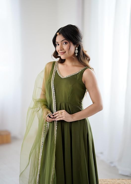 Womens Roman Silk Chanderi Anarkali Kurta Set with Nylon Net Dupatta and Stitched Pant Traditional Ethnic Wear
