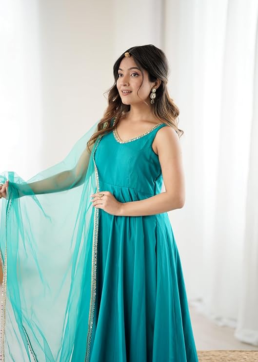 Womens Roman Silk Chanderi Anarkali Kurta Set with Nylon Net Dupatta and Stitched Pant Traditional Ethnic Wear