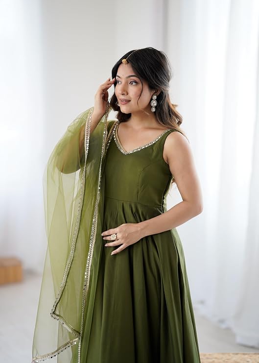 Womens Roman Silk Chanderi Anarkali Kurta Set with Nylon Net Dupatta and Stitched Pant Traditional Ethnic Wear