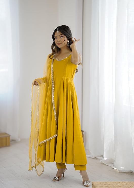 Womens Roman Silk Chanderi Anarkali Kurta Set with Nylon Net Dupatta and Stitched Pant Traditional Ethnic Wear