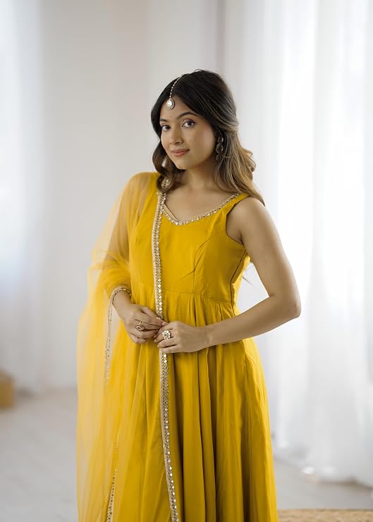 Womens Roman Silk Chanderi Anarkali Kurta Set with Nylon Net Dupatta and Stitched Pant Traditional Ethnic Wear
