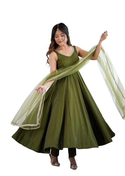 Womens Roman Silk Chanderi Anarkali Kurta Set with Nylon Net Dupatta and Stitched Pant Traditional Ethnic Wear