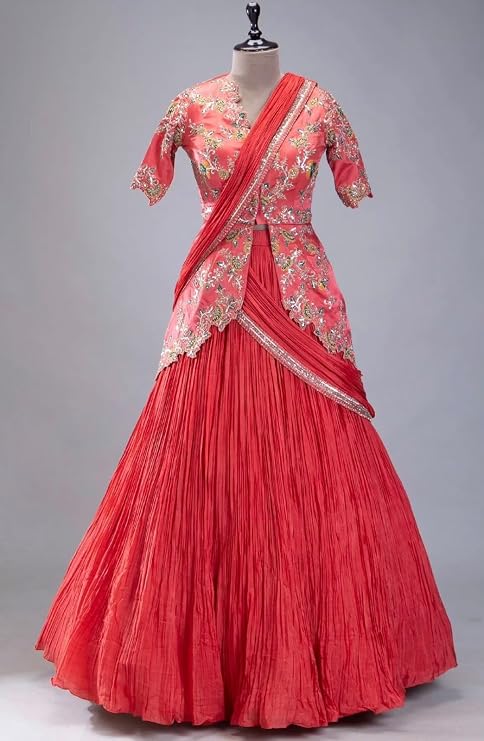 Women’s Designer Chinon Lehenga Set with Embroidery Sequin Work Jacket, 4 Meter Flare, Full Stitched Lehenga and Embroidered Dupatta