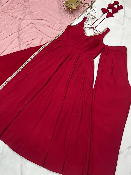 Womens Roman Silk Chanderi Anarkali Kurta Set with Nylon Net Dupatta and Stitched Pant Traditional Ethnic Wear