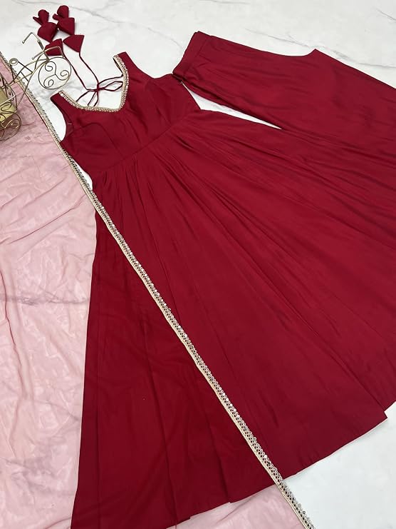 Womens Roman Silk Chanderi Anarkali Kurta Set with Nylon Net Dupatta and Stitched Pant Traditional Ethnic Wear