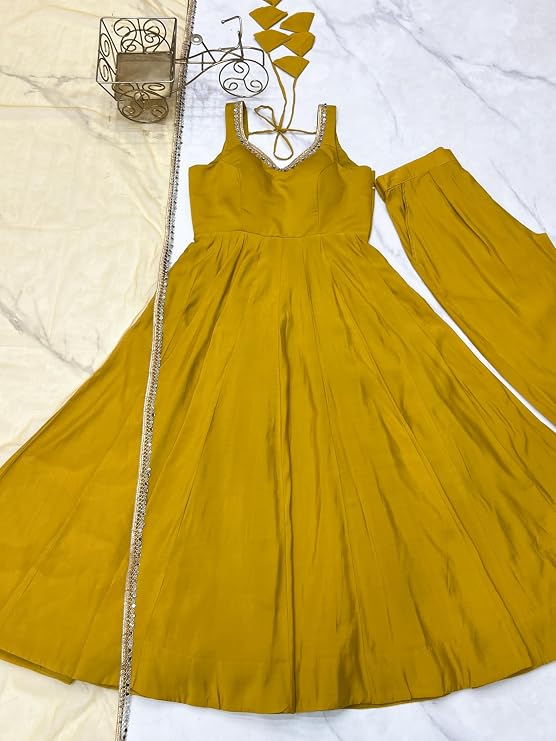 Womens Roman Silk Chanderi Anarkali Kurta Set with Nylon Net Dupatta and Stitched Pant Traditional Ethnic Wear