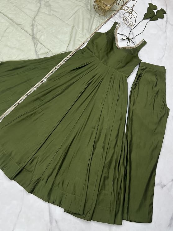 Womens Roman Silk Chanderi Anarkali Kurta Set with Nylon Net Dupatta and Stitched Pant Traditional Ethnic Wear