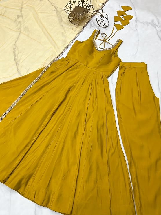 Womens Roman Silk Chanderi Anarkali Kurta Set with Nylon Net Dupatta and Stitched Pant Traditional Ethnic Wear
