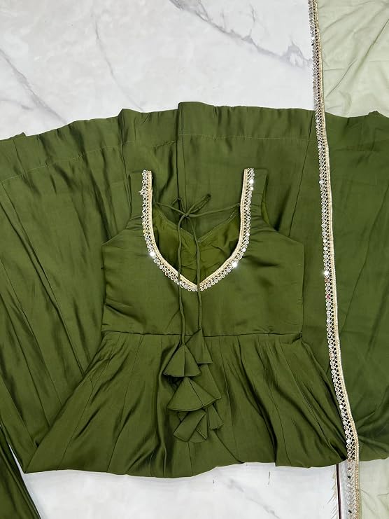 Womens Roman Silk Chanderi Anarkali Kurta Set with Nylon Net Dupatta and Stitched Pant Traditional Ethnic Wear