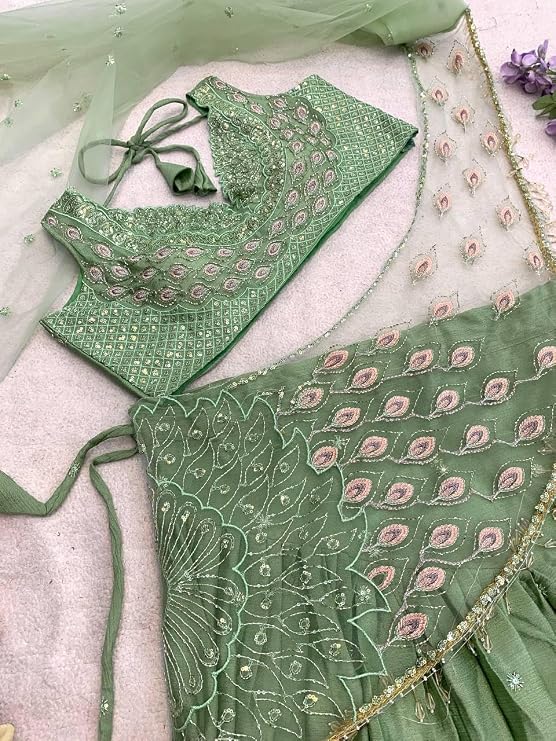 Heavy Chinon Silk Ready to Wear Lehenga with Embroidery Sequin Butta, Attached Net Pallu & Stitched Blouse