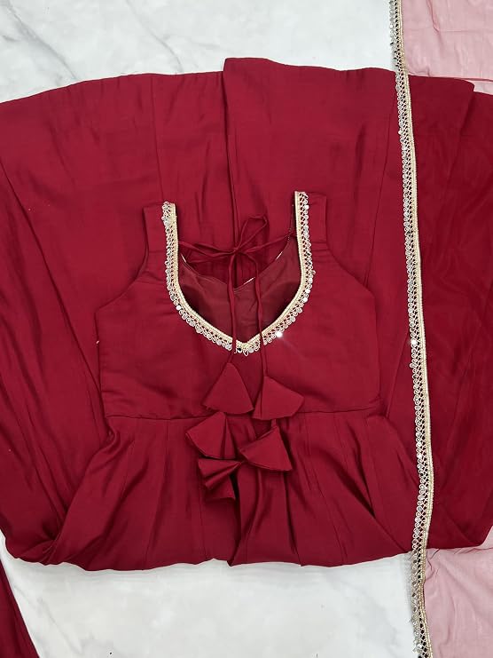 Womens Roman Silk Chanderi Anarkali Kurta Set with Nylon Net Dupatta and Stitched Pant Traditional Ethnic Wear
