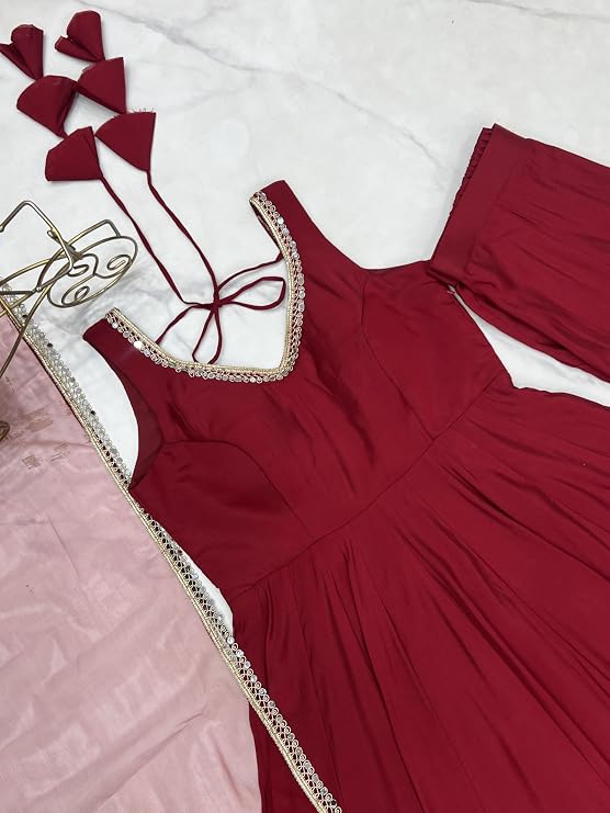 Womens Roman Silk Chanderi Anarkali Kurta Set with Nylon Net Dupatta and Stitched Pant Traditional Ethnic Wear