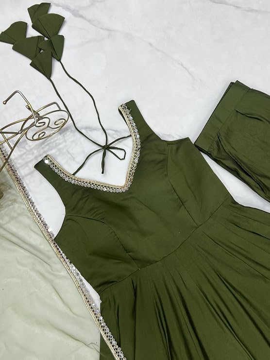 Womens Roman Silk Chanderi Anarkali Kurta Set with Nylon Net Dupatta and Stitched Pant Traditional Ethnic Wear